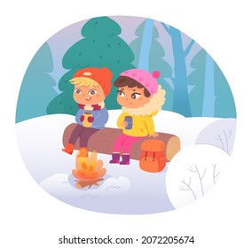 Winter picnic of children friends, camping in nature vector illustration. Cartoon cute hiker boy and girl sitting on log in middle of snowy forest, drinking hot drink by campfire isolated on white