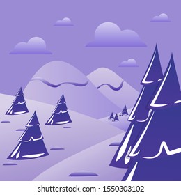 Winter picture of Christmas trees, vector postcard.