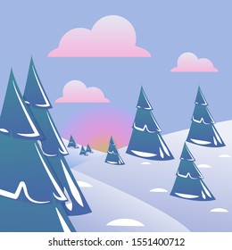 Winter picture of Christmas trees, vector postcard.