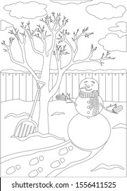 
Winter picture with a fence, a tree, clouds, a shovel, snow and a snowman.
Fun holiday picture for children.
Contour.Vector and illustration.