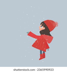 Winter picture. A girl in red clothes catches snow with her tongue