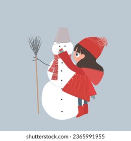 Winter picture. A girl in red clothes sculpts a snowman