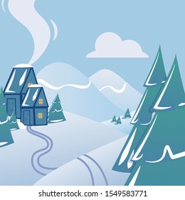 Winter picture of the house and Christmas trees, vector postcard.