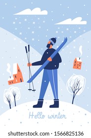 Winter picture with skier in flat style. Happy Christmas holidays. Template for seasonal poster, banner, invitation, card, brochure, and other graphic design. Walks in open air. Vector illustration.