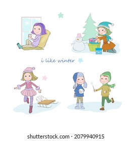 Winter pictures, children play with snow, ride, drink tea. Stickers for children. New Year gifts and pleasure.