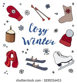 Winter pictures for a postcard. Lettering - stay cozy. White background, isolate. Cartoon style.