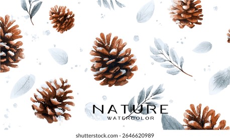 Winter pine cones and leaves pattern design in watercolor style.