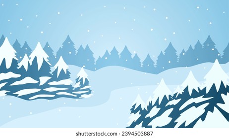 Winter pine forest landscape vector illustration. Scenery of snow covered coniferous in cold season. Snowy pine forest panorama for background, wallpaper or illustration