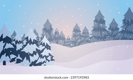 Winter pine forest landscape vector illustration. Scenery of snow covered coniferous in cold season. Snowy pine forest landscape for background, wallpaper or illustration