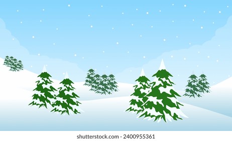 Winter pine forest landscape vector illustration. Scenery of snow covered coniferous in cold season. Snowy pine forest landscape for background, wallpaper or christmas