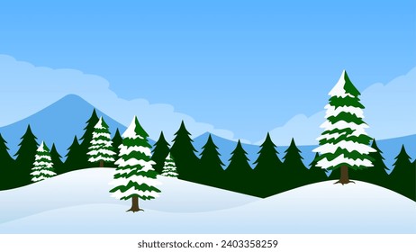 Ilustración vectorial del paisaje del bosque de pinos de invierno. Escenario de coníferas cubiertas de nieve en temporada fría. Paisaje de pinares nevados para fondo, fondo de pared o navidad