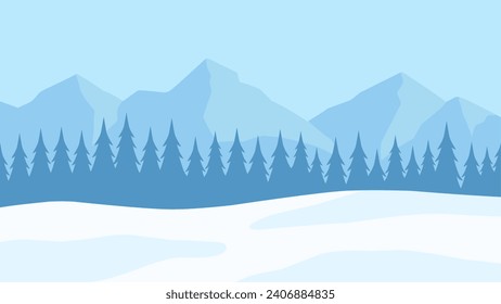 Winter pine forest landscape vector illustration. Silhouette of snow covered coniferous in cold season. Snowy pine forest landscape for background, wallpaper or christmas