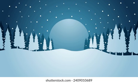 Winter pine forest landscape vector illustration. Silhouette of snow covered coniferous in the night. Snowy pine forest landscape for background, wallpaper or christmas