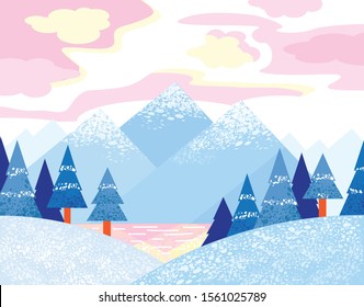 
winter pine forest, mountains and lake, dawn, pink clouds in the sky