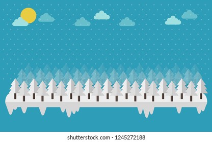 Winter in pine forest on island. Blue background