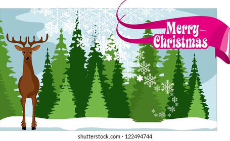 in the winter pine forest stands Deer banner with the inscription Merry Christmas