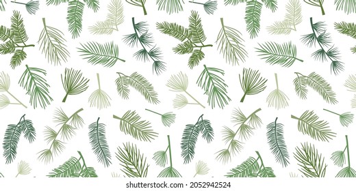 Winter pine and spruce vector seamless pattern, evergreen plant, tree and fir branch, cedar twig background, Christmas and New Year decoration, nature print. Holiday illustration