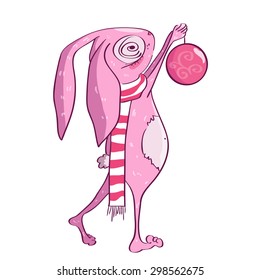 Winter pink bunny with the ball for the Christmas tree. Vector isolated illustration.