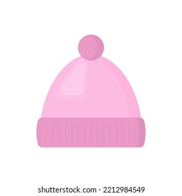 Winter pink hat with pom-pom isolated on white background. Cartoon knit cap clip art. Vector illustration of winter coat
