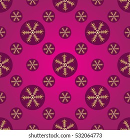 Winter pink and purple seamless pattern with gold snowflakes, vector