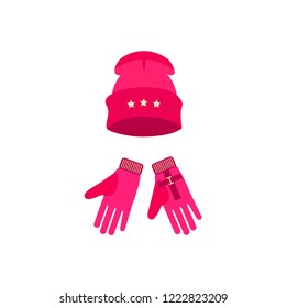 Winter pink sport  hat and gloves for womens on white background. Vector  illustration.