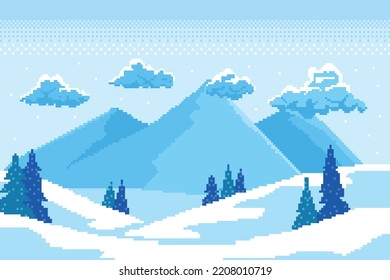 winter pixel art, winter beauty there are fir trees covered in white snow