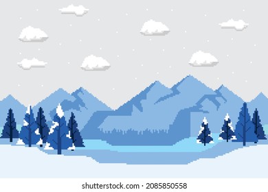 winter pixel art image, there is a beautiful high mountain surrounded by pine trees covered in snow