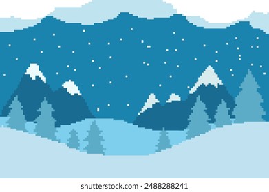 Imagen de arte pixel, hay una hermosa alta montaña rodeada de pinos cubiertos de nieve	