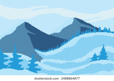 Imagen de arte pixel, hay una hermosa alta montaña rodeada de pinos cubiertos de nieve	