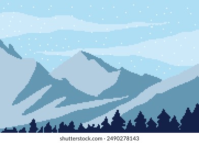 winter pixel art image, there is a beautiful high mountain surrounded by pine trees covered in snow