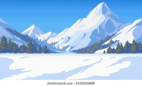 Arte de píxeles de invierno, paisaje de montaña en estilo de videojuego retro de 8 bits. Vector de fondo sin costuras.