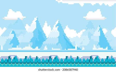 Winter Pixel Art, There Are Very Beautiful Blue Mountain Ranges Covered With Snow