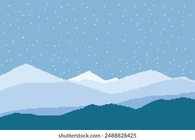 winter pixel art, there are very beautiful blue mountain ranges covered with snow	