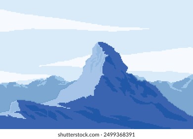 winter pixel art, there are very beautiful blue mountain ranges covered with snow