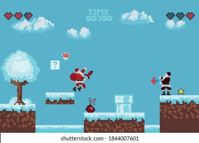 Winter pixel game. The battle of Santa Claus. Retro art games. 8-bit pixel platformer game resource. Vector illustration