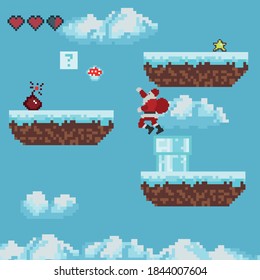 Winter pixel game. The battle of Santa Claus. Retro art games. 8-bit pixel platformer game resource. Vector illustration