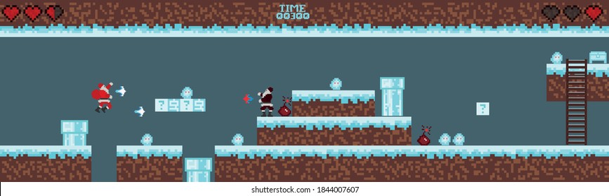 Winter pixel game. The battle of Santa Claus. Retro art games. 8-bit pixel platformer game resource. Vector illustration