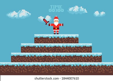 Winter pixel game. The battle of Santa Claus. Retro art games. 8-bit pixel platformer game resource. Vector illustration