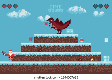 Winter pixel game. The battle of Santa Claus. Retro art games. 8-bit pixel platformer game resource. Vector illustration