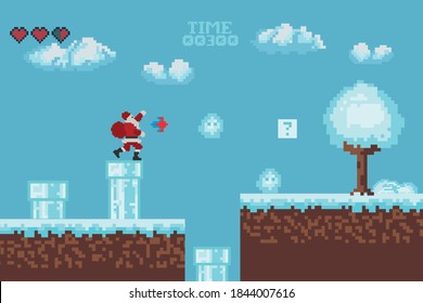 Winter pixel game. The battle of Santa Claus. Retro art games. 8-bit pixel platformer game resource. Vector illustration