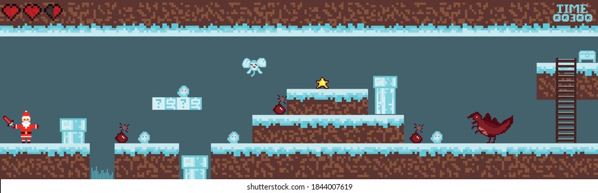 Winter pixel game. The battle of Santa Claus. Retro art games. 8-bit pixel platformer game resource. Vector illustration