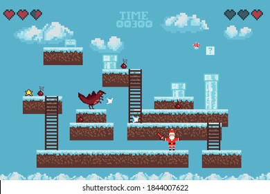 Winter pixel game. The battle of Santa Claus. Retro art games. 8-bit pixel platformer game resource. Vector illustration