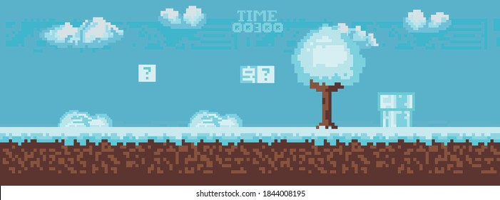 Winter pixel game. Retro art games. 8-bit pixel platformer game resource. Vector illustration