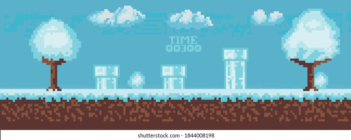 Winter pixel game. Retro art games. 8-bit pixel platformer game resource. Vector illustration