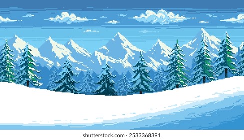 Winter pixel landscape. Retro 2D game background with snowy mountains and forest, snowy landscape with frozen lake. Vector winter panorama.