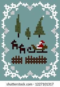 Winter pixel postcard. Knitted Christmas figures with Santa Claus, Christmas trees, deers
