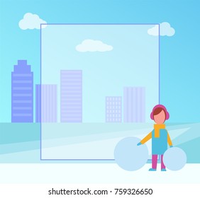Winter placard with girl dressed in scarf and coat with hat, filling form and city with skyscrapers on background isolated on vector illustration