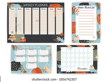 Winter Planner with geometric Christmas Decoration. New Year Bucket List in abstract background. Weekly To Do List on trend pastel color pattern. December Calendar for month for planner or notebook. 