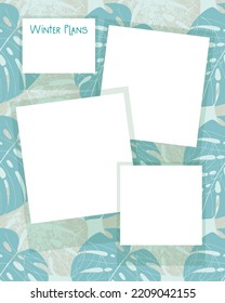 Winter Plans Reminders blue collage decoupage  vintage scrapbooking on monstera leaves pattern background. Template To Do list, blank, planners, notes. Vector illustration