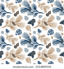 Winter, plant seamless pattern with pine branches and cones. Blue and gold on a white background.